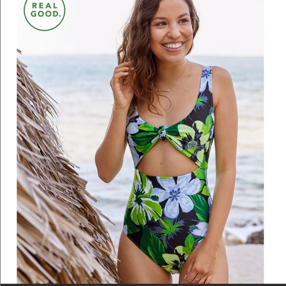 Aerie knot One Piece SwimSuit Tropical Print Blue Green Size small